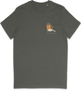 T Shirt Heren Print - T Shirt Dames Opdruk - Roodborstje - Vogelaar - Khaki Groen - XL