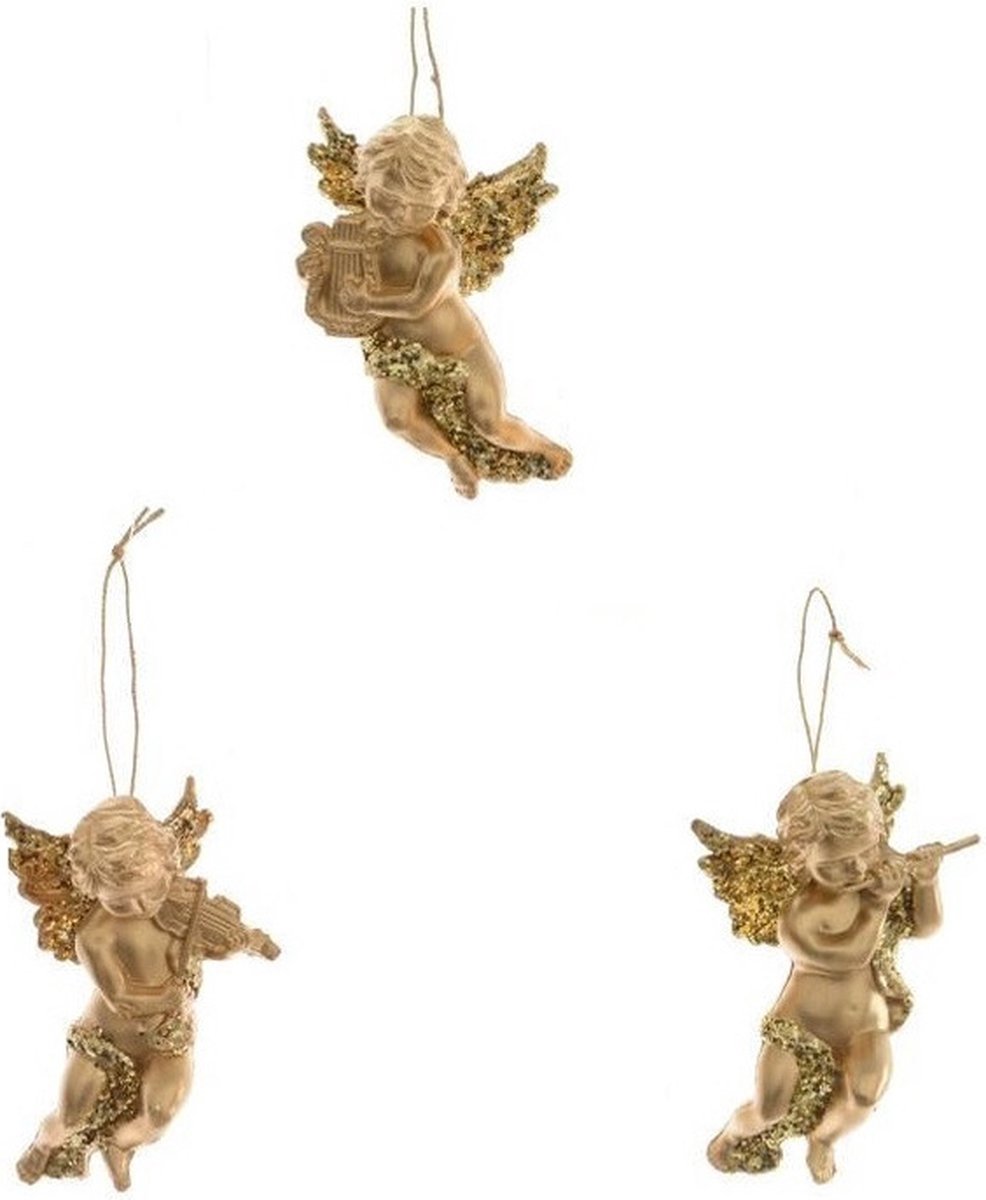 Decoris Kerstboom versiering - 3x - gouden engeltjes - 10 cm - kunststof - met ophanglusje