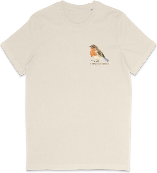 T Shirt Heren Print - T Shirt Dames Opdruk - Roodborstje - Vogelaar - Beige - S
