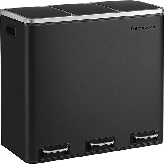 Poubelle De Cuisine 50 Litres Noire - Acier Inoxydable - Tri Sélectif 3 Compartiments - Couvercle Automatique