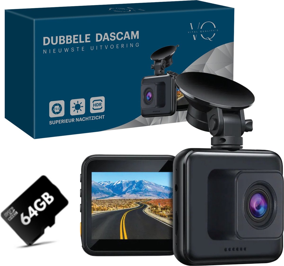 Dual Dashcam Voor Auto Camera Voor en Achter 1080p Full HD - Incl. 64GB SD-kaart - Nachtvisie