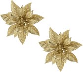 2x stuks decoratie bloemen kerststerren goud glitter op clip 15 cm - Decoratiebloemen/kerstboomversiering