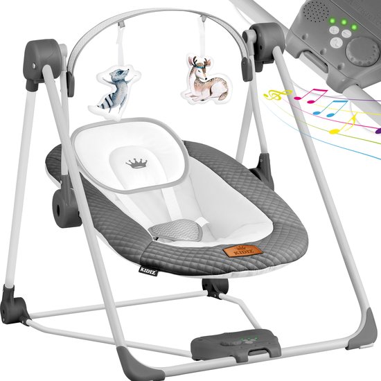 KIDIZ® Wipstoel / Elektrische Baby Wipstoel / Schommelstoel Elektrisch / Babystoel met 5 snelheidsinstellingen Inklapbare babyschommel Kinderstoel met speelboog Speelgoed 5 Kalmerende Natuurgeluiden Pasgeborene - Antraciet