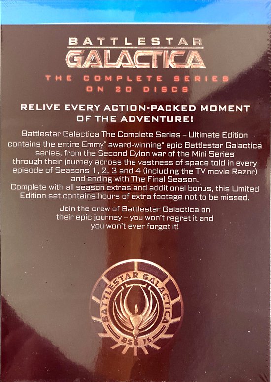 Battlestar Galactica Complete Series op 20 discs, met afbeelding van het logo.