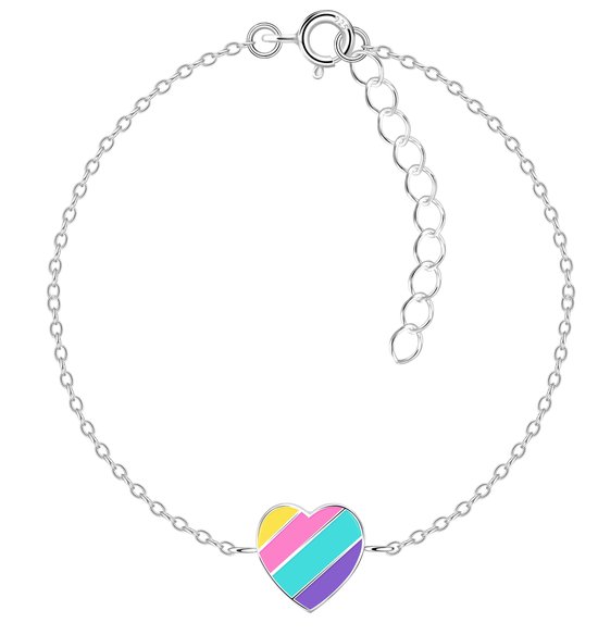 Joy|S - Zilveren hartje armband - regenboog strepen multicolor - 13 cm + 3 cm extension - armband voor kinderen