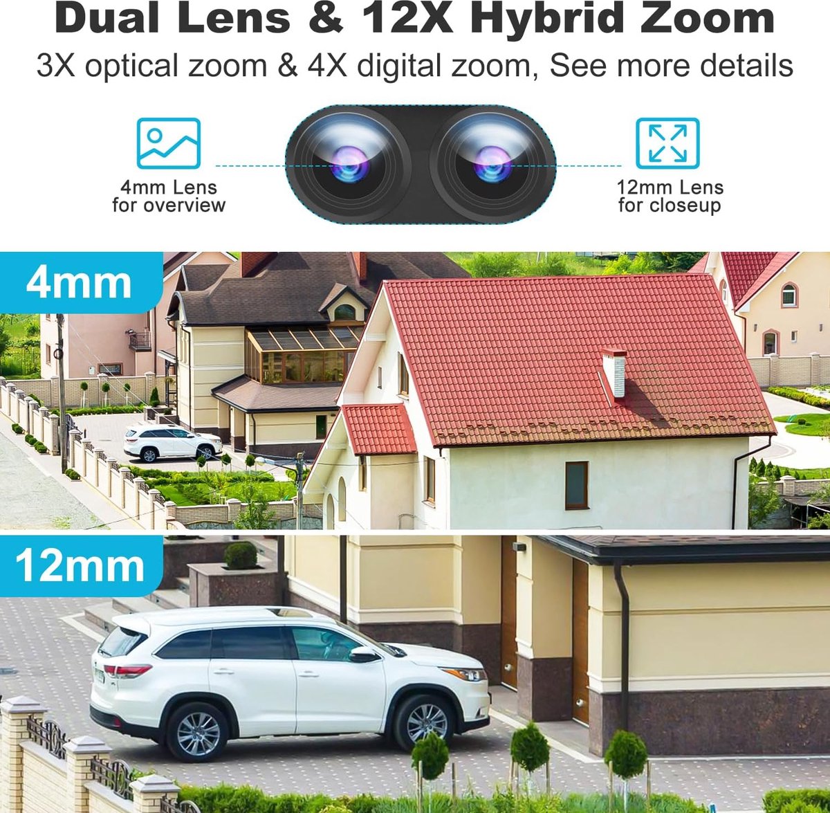 Beveiligingscamera Buiten 2.5K，CCTV Bewakingscamera Buiten met 12X Hybride Zoom, IP Camera met Dubbele Lens Nachtzicht in Kleur 4MP, Auto Cruise Tracking Humanoid-Detectie [DC&PoE]
