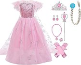 Elsa jurk - roze prinsessenjurk meisje - Het Betere Merk - Prinsessen speelgoed - Carnavalskleding kinderen - 98/104 (110) - Juwelenset - Lange handschoenen - Prinsessenkroon - Tiara - Toverstaf - Haarvlecht - Kleed
