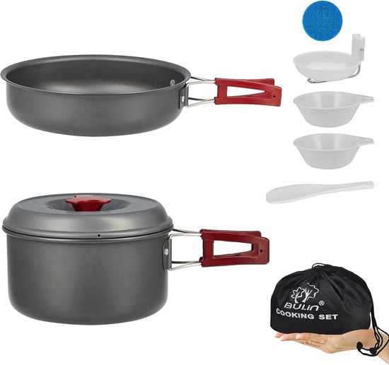 Kit de cuisine de camping avec bouilloire, batterie de cuisine pour 3 à 4  personnes, portable en acier inoxydable pour camping, randonnée, cuisine en