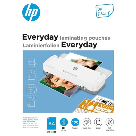 HP Everyday Laminating Film, DIN A4, 80 Micron, Glossy Transparent for Heat Lamination, Pack of 100, 9154