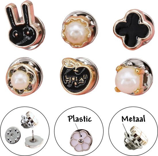 Fako Bijoux® - Pin Broche Mini - Steek Pin Knopen Set - 6 Mini Broches - 8-12mm - Silver, Gold, Black & Pearl - 6 Stuks - Zilver, Goud & Zwart - Serie 5
