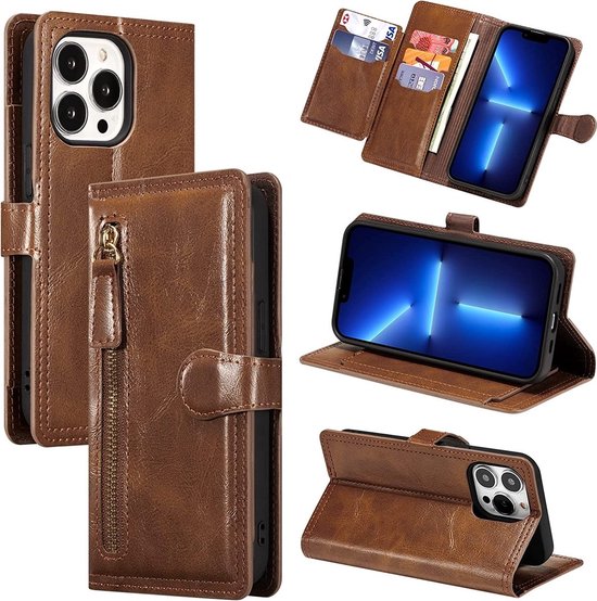 LuxeBass Case compatible avec Apple iPhone 13 - Book case - Marron foncé - Étui portefeuille Vintage avec fermeture éclair - Housse de téléphone - Housse de téléphone portable - Étuis de téléphone