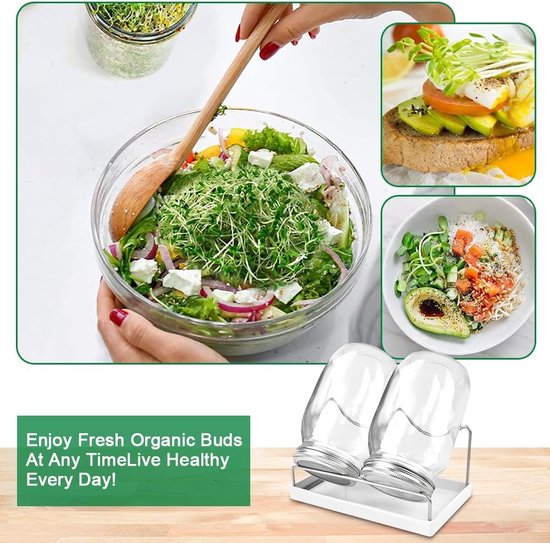 Lot de 2 verres à germer en verre de 1000 ml pour germes de 32 oz avec 1 support réglable, 1 plateau blanc Drip Tray 2 couvercles pour légumineuses