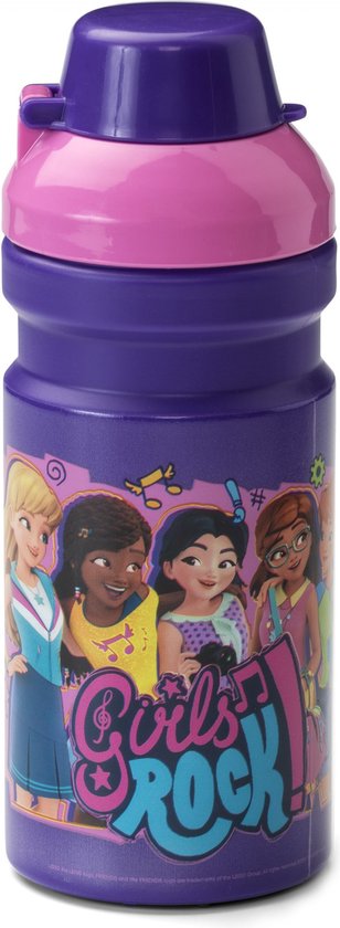 Gourde violette avec illustration LEGO Friends et texte 'Girls Rock'.