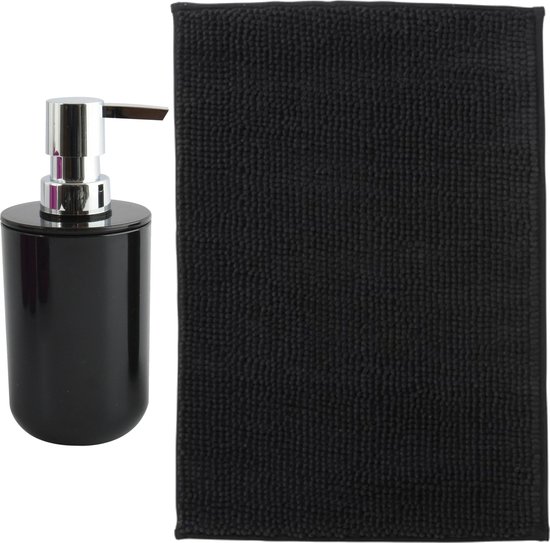 MSV badkamer droogloop mat - Milano - 40 x 60 cm - met bijpassende kleur zeeppompje - zwart
