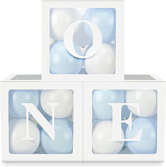 Foto: Drie doorzichtig letter ballon blokken one wit inclusief 24 ballonnen blauw en wit cakesmash ballonbox ballonblokken one 1 verjaardag