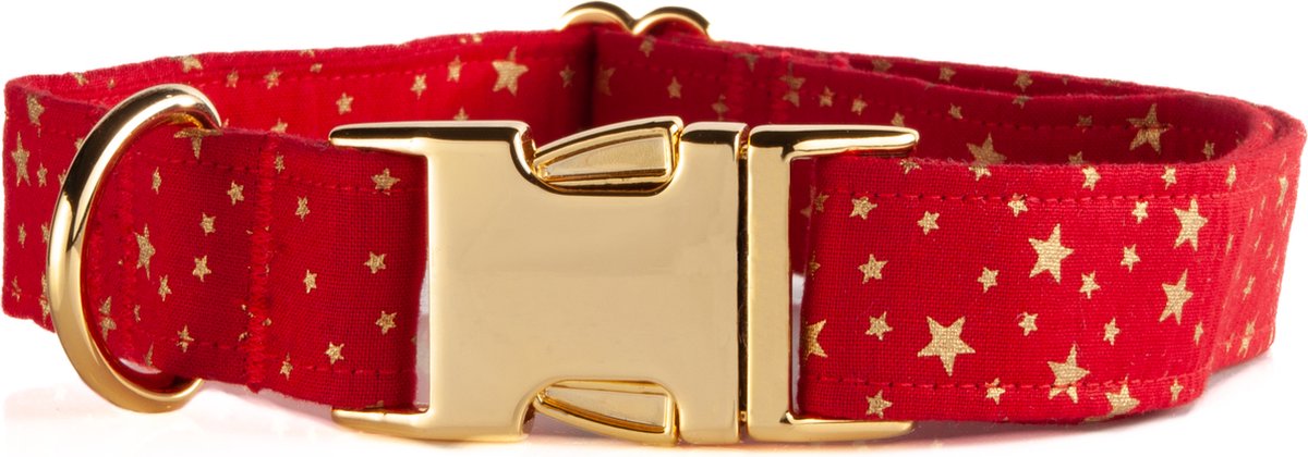 Awesome Paws halsband hond - Honden Halsband rood met kerst sterretjes - Handmade - sterren - Maat L