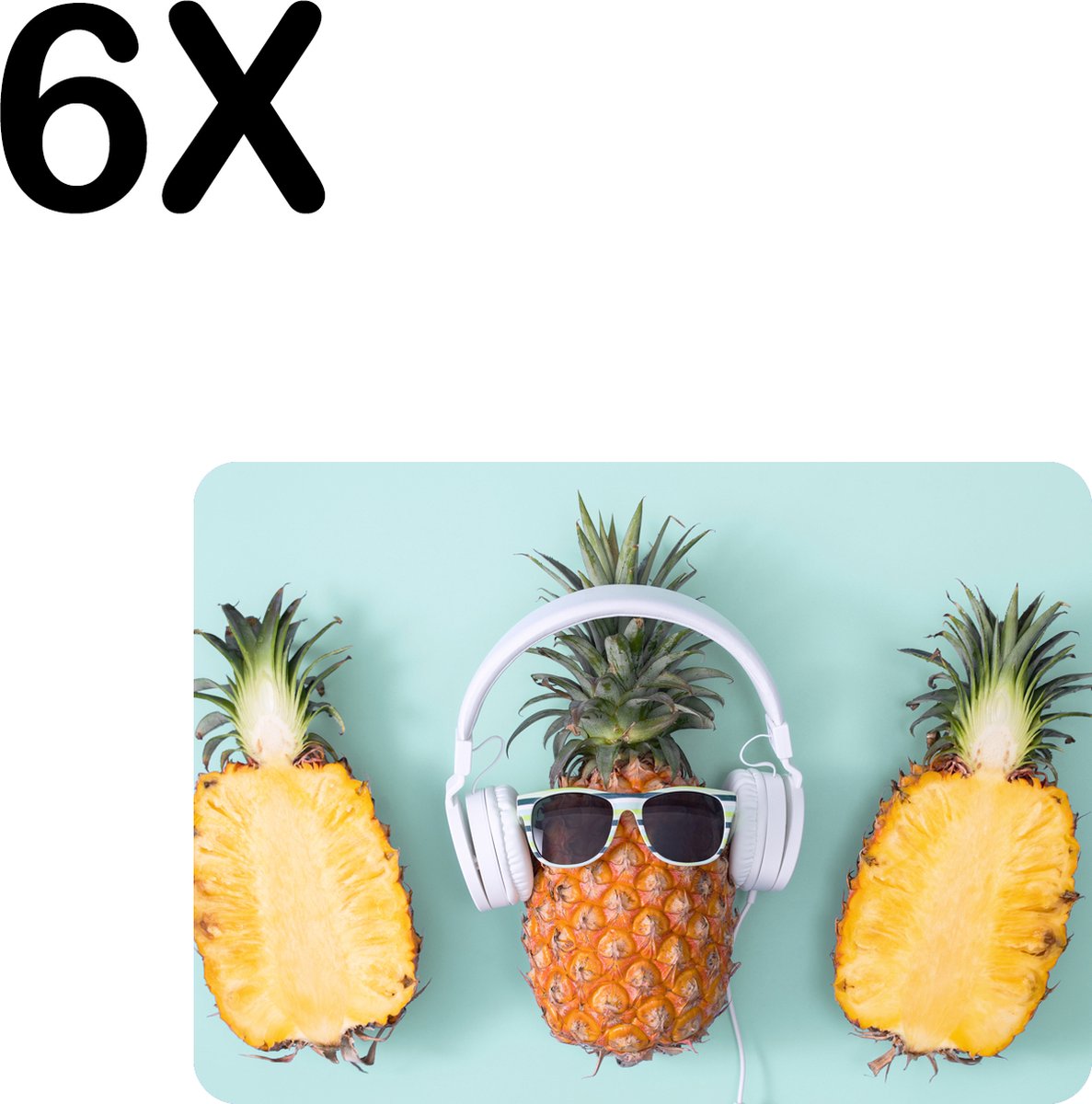 BWK Flexibele Placemat - Hippe Ananassen met Zonnebril en Koptelefoon - Set van 6 Placemats - 35x25 cm - PVC Doek - Afneembaar