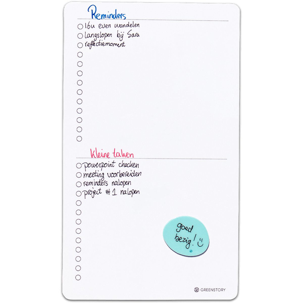 GreenStory - To Do list Overview - To Do Planner - Uitwisbaar - Sticky Whiteboard - Kalender