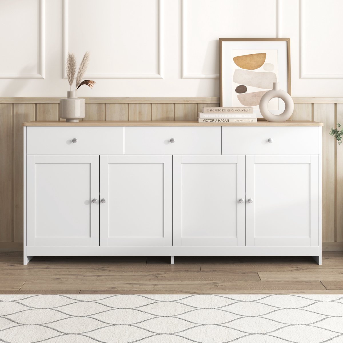 Merax Kommode mit Rattandekor, Sideboard mit 3 Klappen, Tür