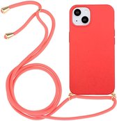 Hoesje met Koord Geschikt voor de Apple iPhone 15 | Back Cover met Ketting | Flexibel TPU | Ideaal voor Festival / Vakantie | Rood