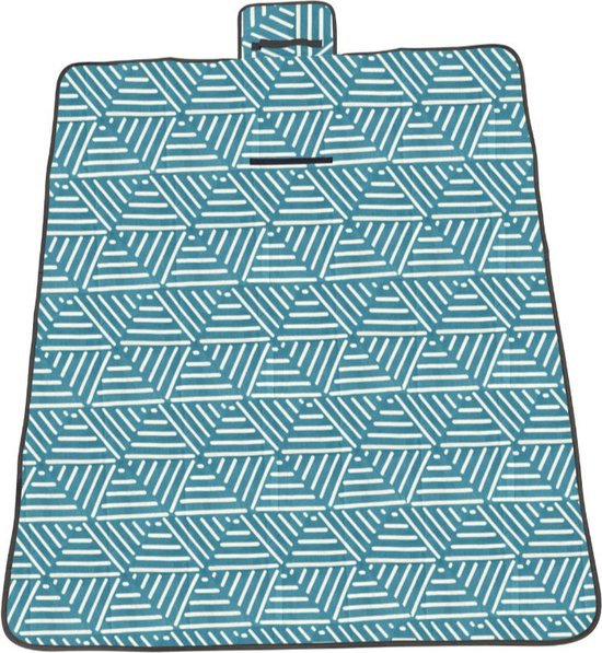 Couverture de pique-nique bleue dépliée à motif géométrique blanc et bordure noire.