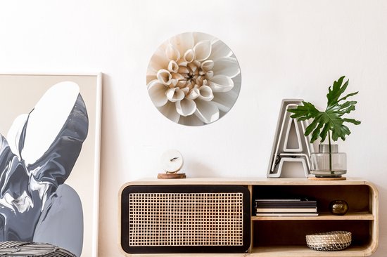 Wandcirkel met close-up van witte dahlia met beige tinten, in een moderne woonkamer.