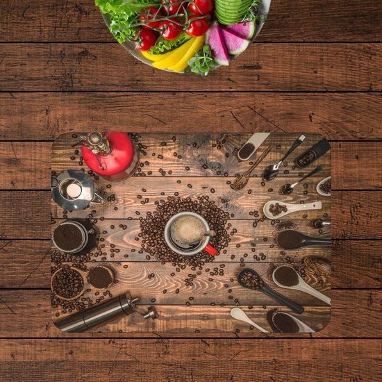 BWK Stevige Placemat - Koffie molens en Schepjes - Set van 4 Placemats - 40x30 cm - 1 mm dik Polystyreen - Afneembaar