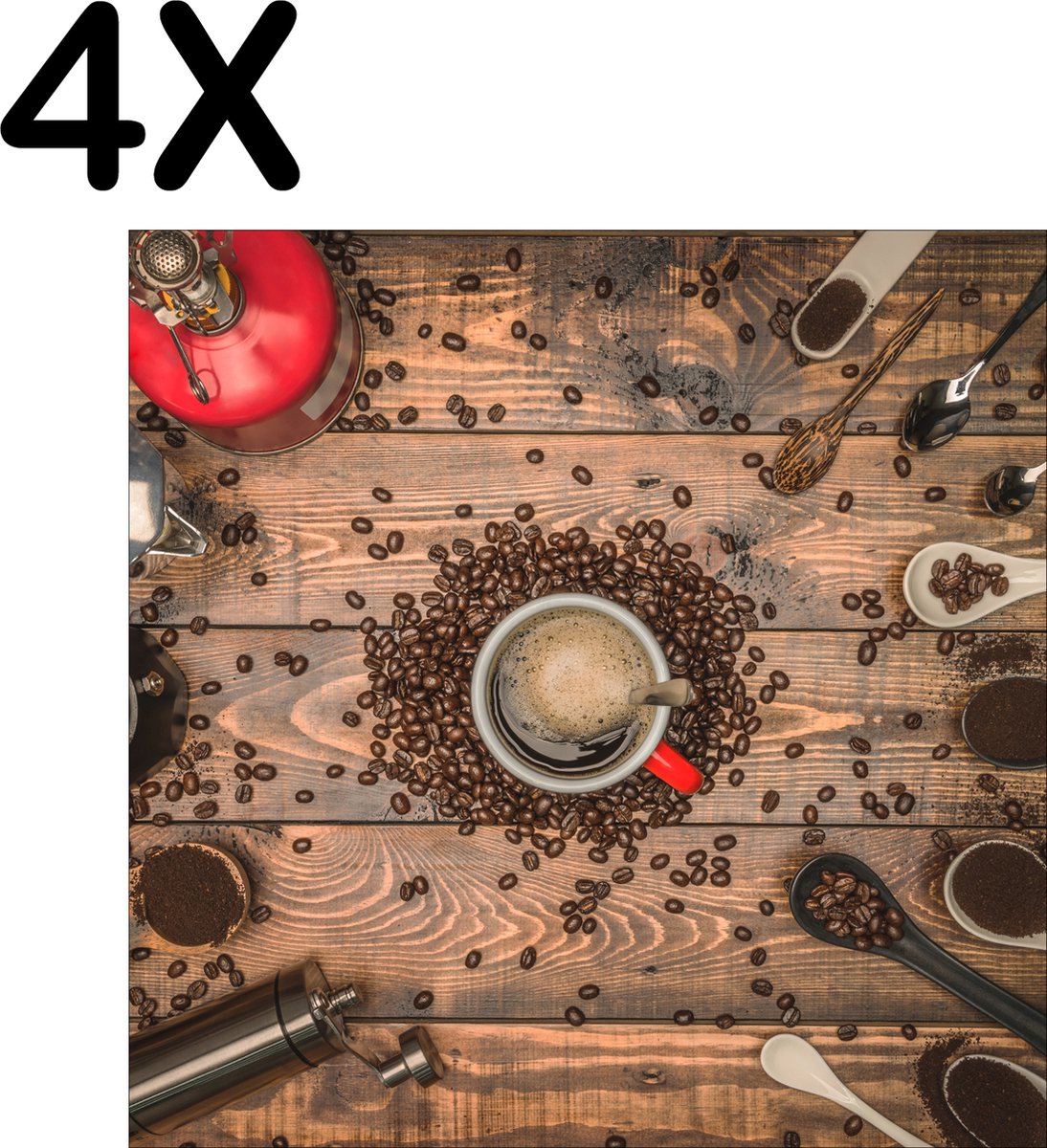 BWK Textiele Placemat - Koffie molens en Schepjes - Set van 4 Placemats - 40x40 cm - Polyester Stof - Afneembaar