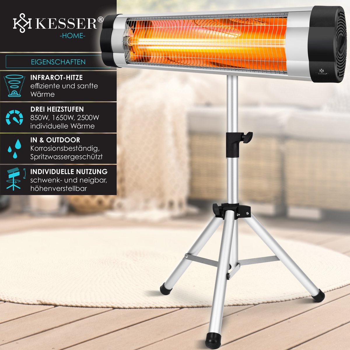 KESSER Donkere Warmtestraler 2400W – Met Afstandsbediening, WiFi-app En 120° Kantelfunctie (zwart)