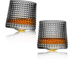 Whiskyglazen roterende decompressie - ouderwetse whiskyglazen set van 2 - bar whiskyglazen - stijl glaswerk voor bourbon - glazen voor whisky - rumglazen (geruit) (266 ml), Image