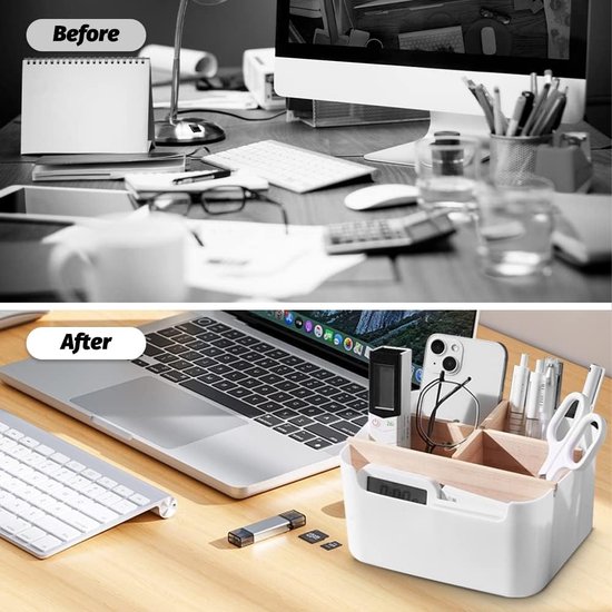 Organisateur de bureau, 5 compartiments, organisateur de bureau en bois, porte-stylo, tableau, bureau, cosmétiques, organisateur, bureau, papeterie, boîte de rangement, boîte de rangement multifonctions, télécommande, cosmétiques, blanc
