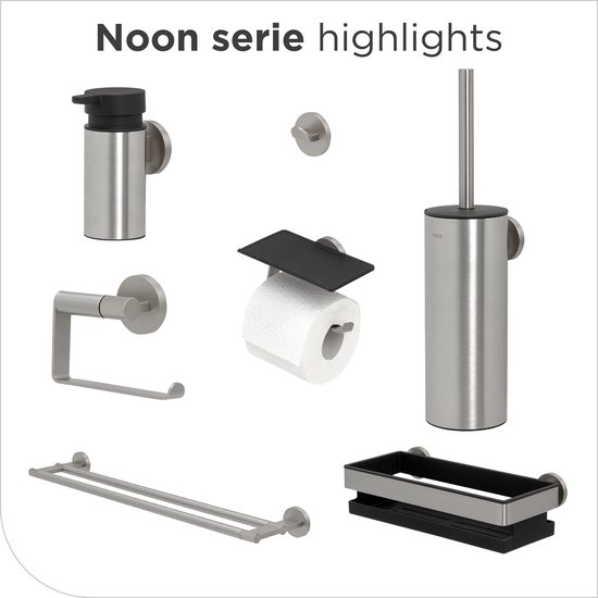 Overzicht van de Tiger Noon serie: zeepdispenser, toiletrolhouder, toiletborstelhouder, handdoekring, dubbele handdoekstang, zeepbakje.