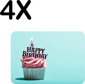 BWK Flexibele Placemat - Happy Birthday Roze Muffin met Turqoise Achtergrond - Set van 4 Placemats - 40x30 cm - PVC Doek - Afneembaar