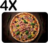BWK Luxe Placemat - Pizza met Ham en Olijven op Donkere Achtergrond - Set van 4 Placemats - 45x30 cm - 2 mm dik Vinyl - Anti Slip - Afneembaar