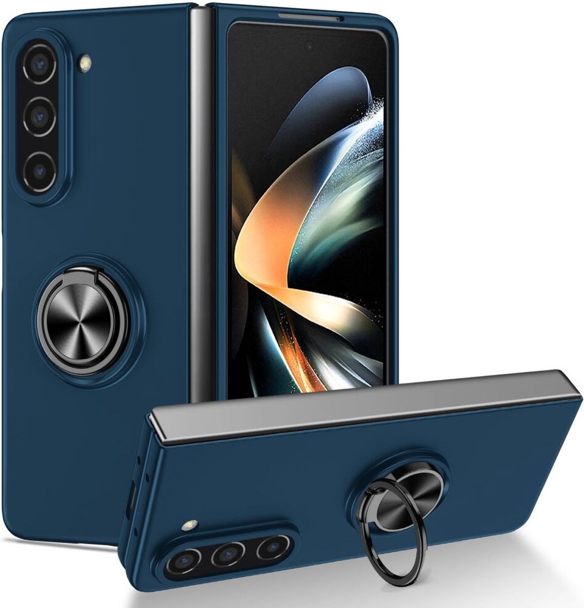 Geschikt voor Samsung Galaxy Z Fold 5 Hoesje Magnetische Kickstand Back Cover Blauw