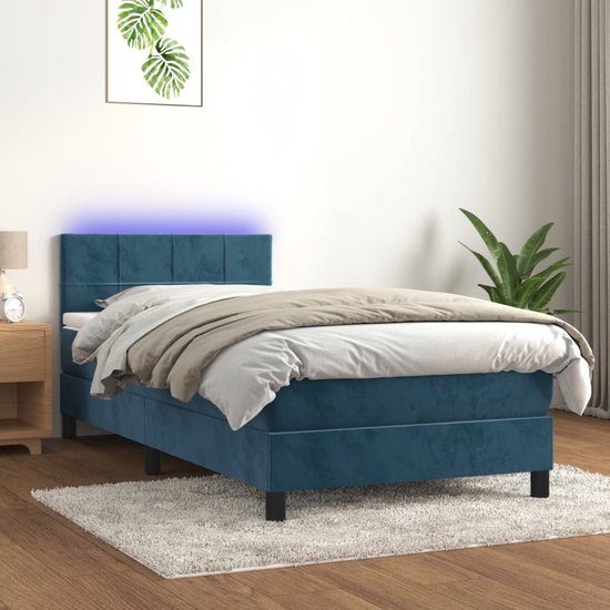 The Living Store Boxspring - Fluwelen - Pocketvering - LED - 203 x 100 x 78/88 cm - Donkerblauw