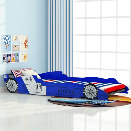 The Living Store Raceauto Kinderbed - Blauw - 225 x 94 x 38 cm - Geschikt voor matras van 90 x 200 cm - Vanaf 4 jaar - MDF-frame en houten latten - Eenvoudig te monteren