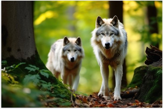 Poster (Mat) - Wolven Sluipend door het Groene Bos - 105x70 cm Foto op Posterpapier met een Matte look