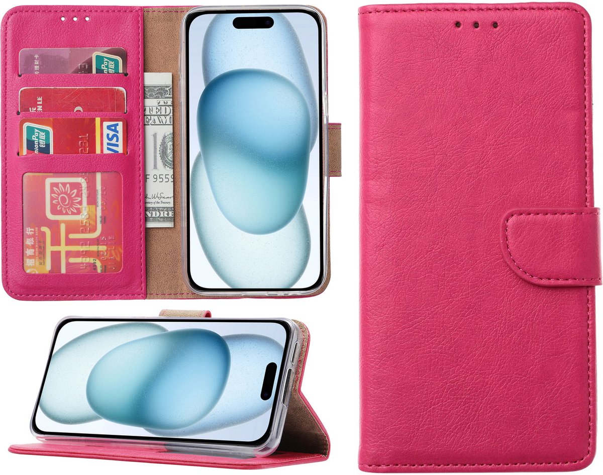 Hoesje Geschikt voor iPhone 15 Plus – portemonnee bookcase met pasjeshouder – Roze