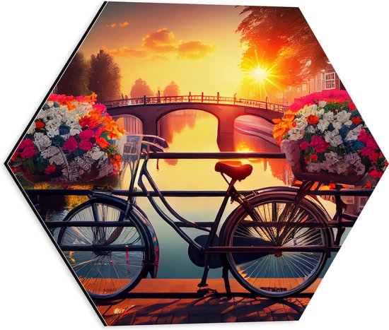 Dibond Hexagon - Zwarte Fiets Geparkeerd bij de Grachten tijdens Zonsondergang - 40x34.8 cm Foto op Hexagon (Met Ophangsysteem)