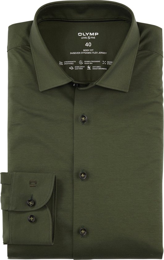 OLYMP 24/7 Level 5 body fit overhemd - tricot - olijfgroen - Strijkvriendelijk - Boordmaat: