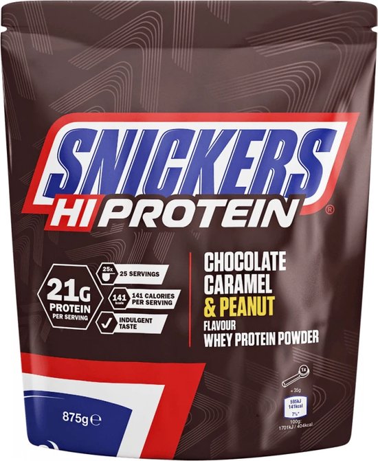 Snickers Hi Protein poeder in chocolade-, karamel- en pindasmaak. Bruine zak met rode en witte details. 21g eiwit per portie.
