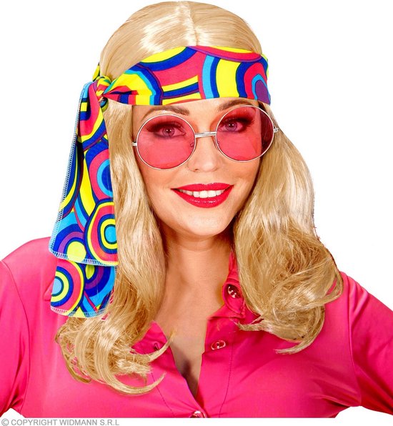 Widmann - Hippie Kostuum - 70s Disco Pruik Met Hoofdband Blond - Blauw, Blond - Carnavalskleding - Verkleedkleding
