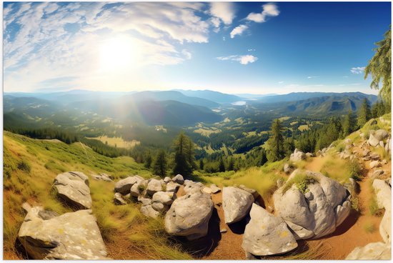 Poster Glanzend – Bergen - Stenen - Bomen - Uitzicht - Landschap - 60x40 cm Foto op Posterpapier met Glanzende Afwerking