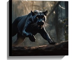 Canvas - Zwarte panter rent door bos heen - 40x40 cm Foto op Canvas Schilderij (Wanddecoratie op Canvas)