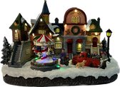 Commande de maison de Noël - Rue avec carrousel rotatif + voiture - L=32cm - H=21cm - Éclairage LED - Mouvement - Musique - Adaptateur inclus - Maisons de Noël et Villages de Noël