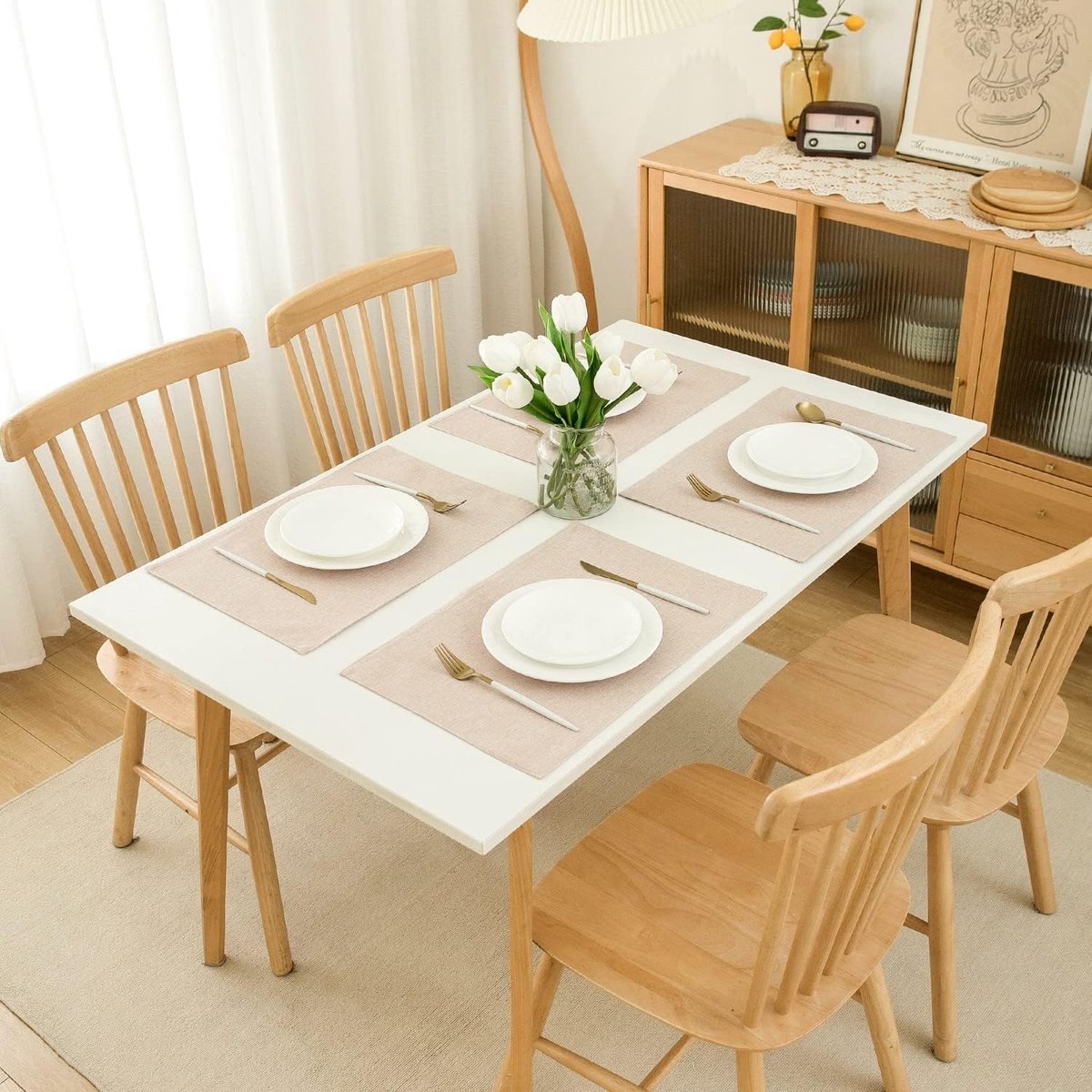 Pengcen Rechthoekige placemats set van 4, katoenen linnen stoffen placemats, zwart geweven strepen patroon, versieren de woonkamer en eettafel, 30 x 50 cm