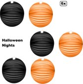 6x Lampion Halloween 25cm - zwart en oranje - Creepy Griezel festival thema feest verjaardag party papier BBQ strand licht