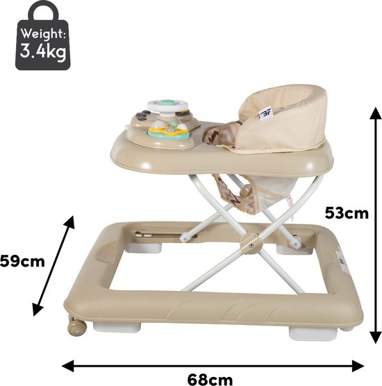 Beige loopstoel met speelblad, stuur en zitting. Afmetingen: 59x68x53cm. Gewicht: 3.4kg.