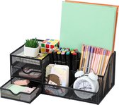 Mesh Desk Supplies Organizer met laden, multifunctionele bureauorganizer en accessoires met 6 vakken, bureau-organizer voor kantoor, thuis, school (zwart)